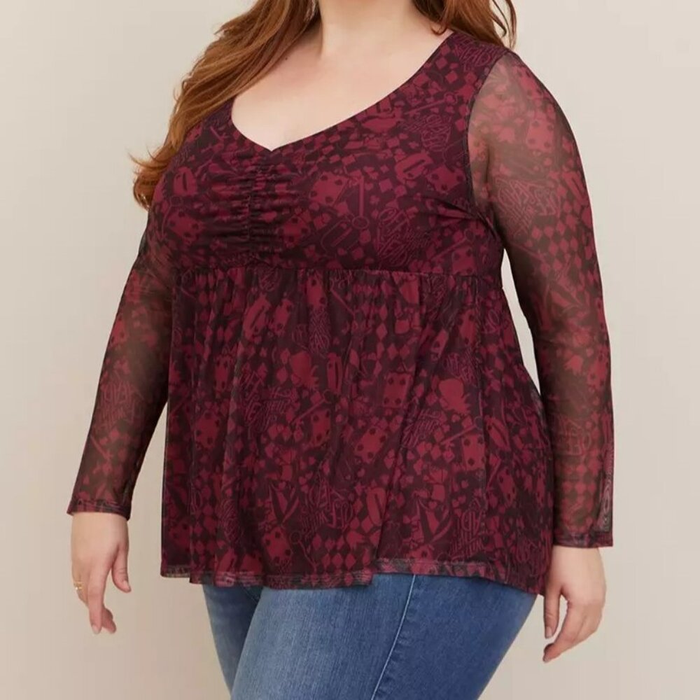 Disney Villains Long Sleeve Cinch Front Top - Mesh Queen of Hearts Torrid